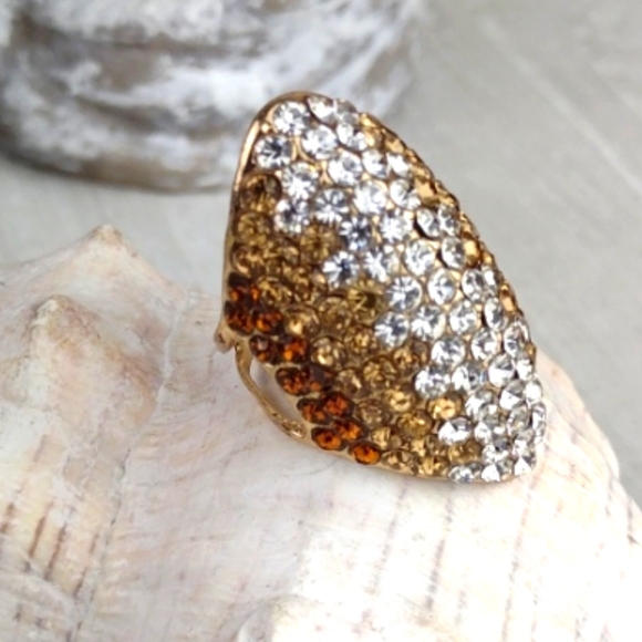 Amber & Gold Tone Sparkly Rhinestone Paved Cocktail Gorgeous Cocktail Ring - Picture 10 of 10